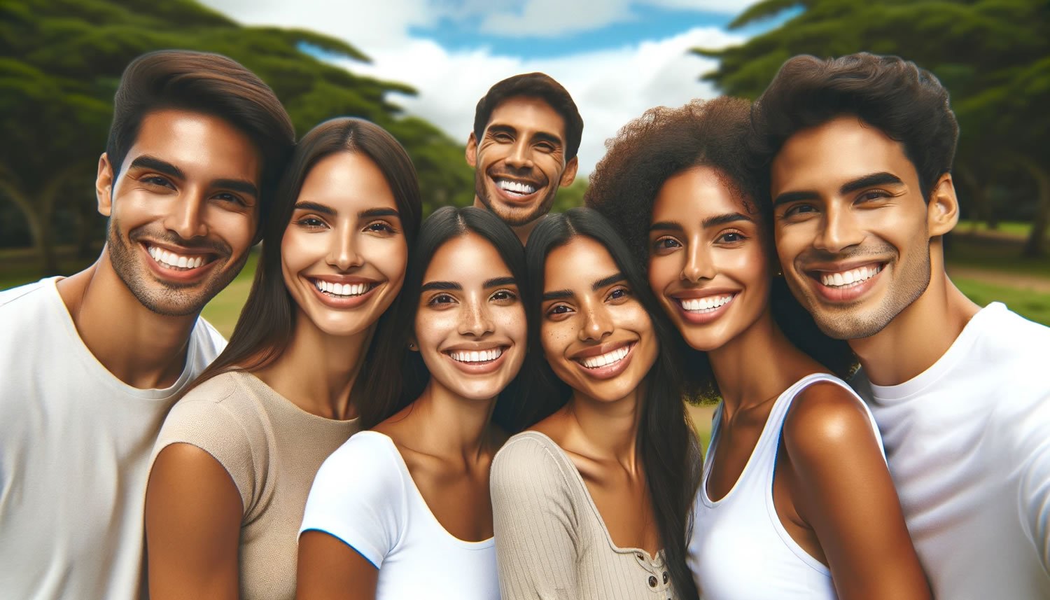 Foto de uma família Latina feliz, com etnias variadas, sorrindo em um parque verdejante, simbolizando a saúde dental assegurada por um plano odontológico.