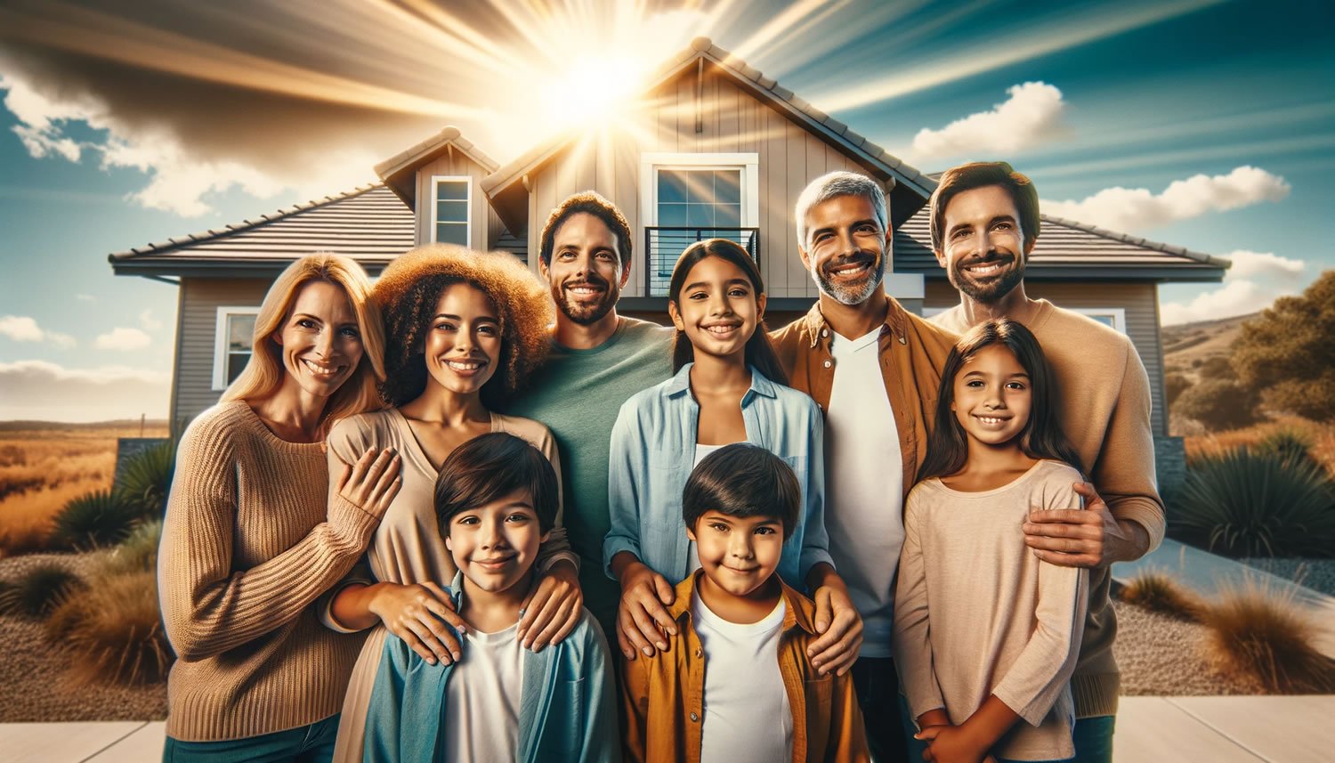 Imagem de uma família sorrindo em frente a uma casa moderna com céu claro ao fundo, simbolizando a segurança proporcionada por um seguro de vida.